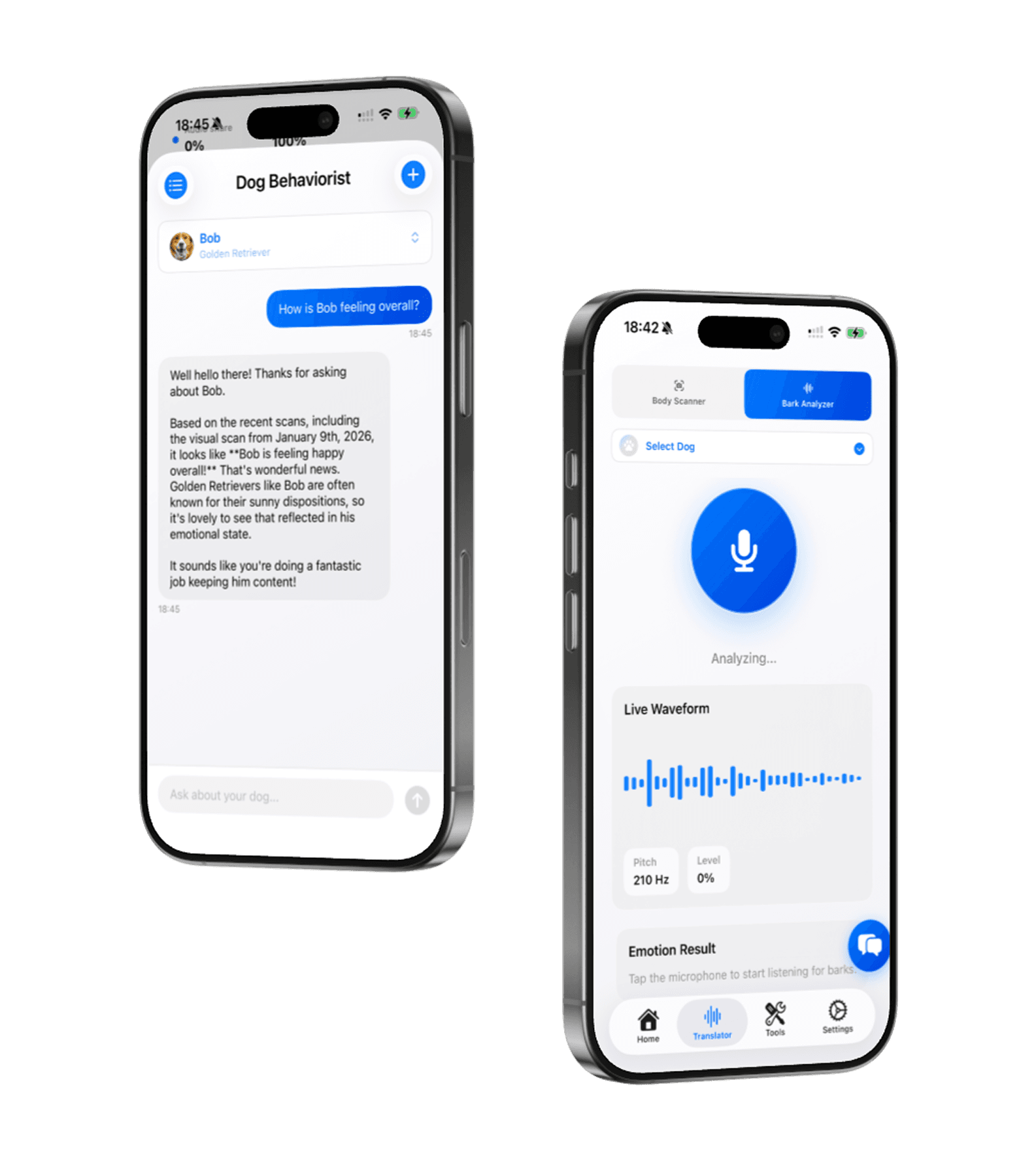 Dogly app showing AI bark translator and dog behaviorist chat